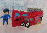 消防車の絵　南蒲小　まるやまかほ
