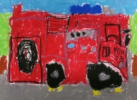 消防車の絵　新宿小　かわだりお
