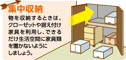 集中収納：物を収納するときは、クローゼットや据え付け家具を利用し、できるだけ生活空間に家具類を置かないようにしましょう。