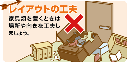 レイアウトの工夫：家具類を置くときは場所や向きを工夫しましょう。