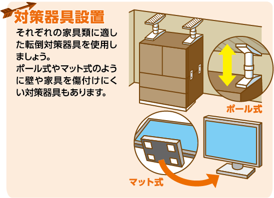 対策器具設置：それぞれの家具類に適した転倒対策器具を使用しましょう。ポール式やマット式のように壁や家具を傷付けにくい対策器具もあります。