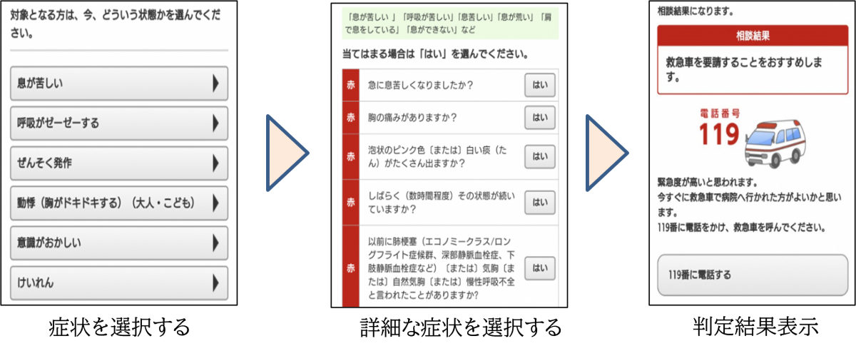 症状を選択する→詳細な症状を選択する→判定結果表示