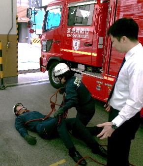 ③防火衣着装、結索体験