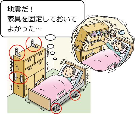 地震だ！家具を固定しておいてよかった