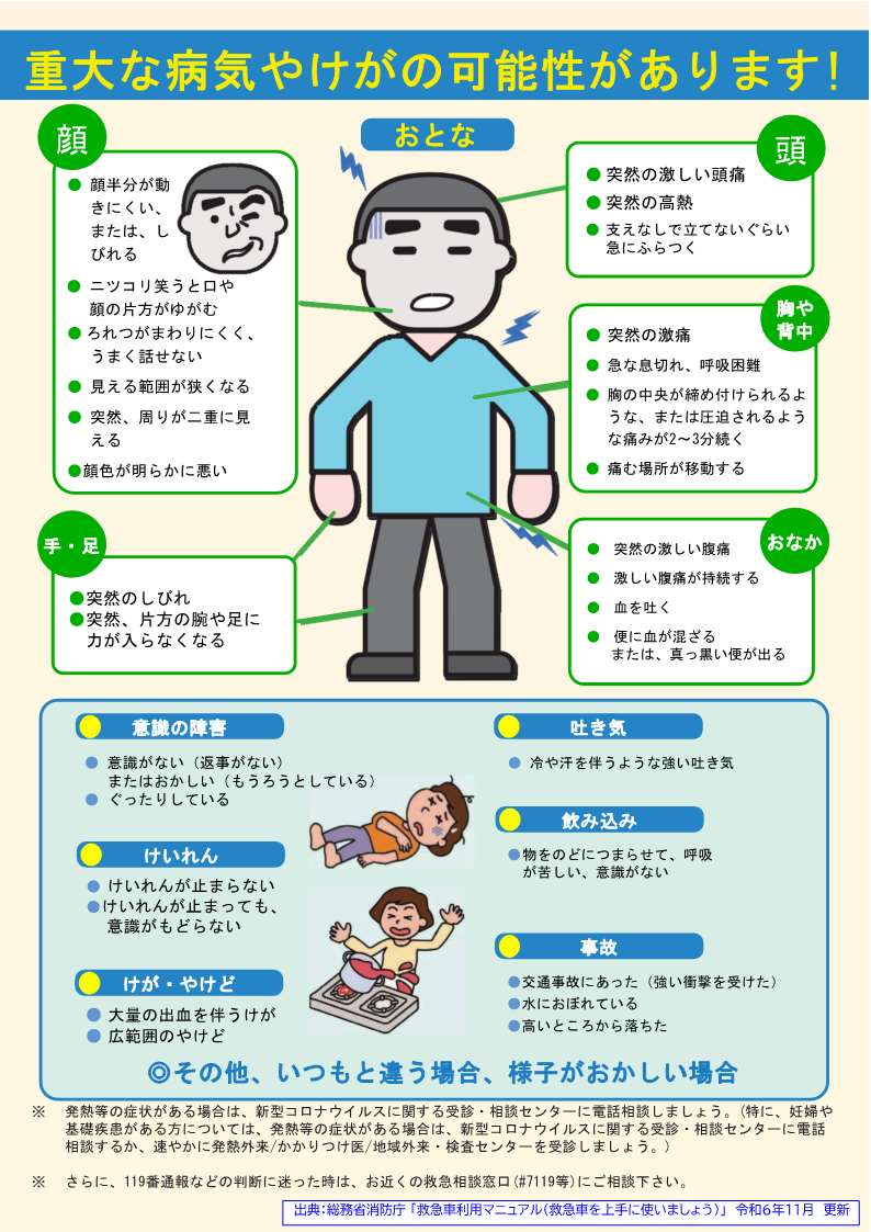 こんな症状の時には、すぐ１１９番！！ 　おとな