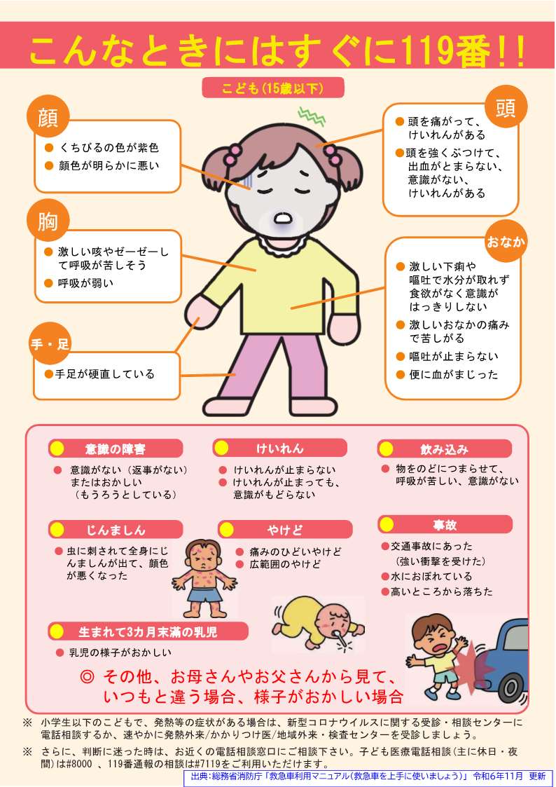 こんな症状の時には、すぐ１１９番！！ 　こども