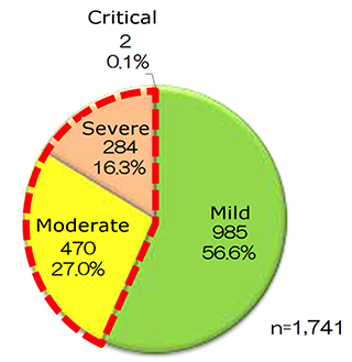 mild injury 985 (56.6%), moderate injury 470 (27.0%), severe injury 284 (16.3%), critical injury 2 (0.1%)