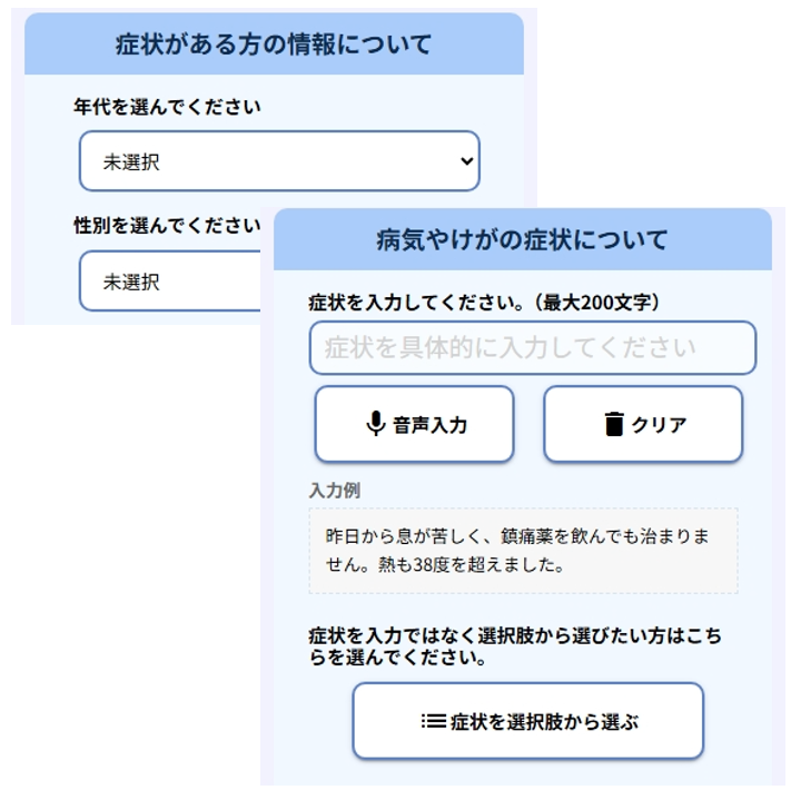 年代、性別、症状を入力