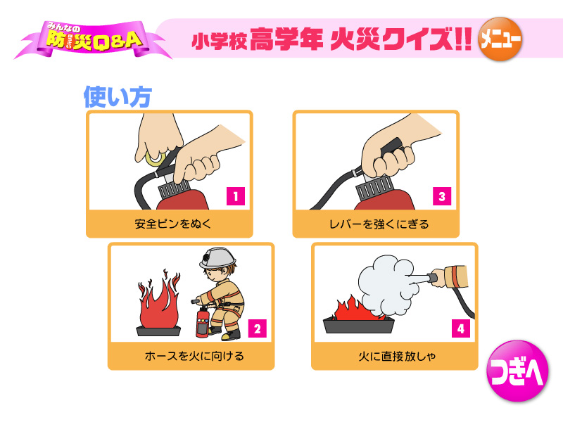 使い方 1、安全ピンをぬく 2、ホースを火に向ける 3、レバーを強くにぎる 4、火に直接放しゃ