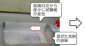 �@塩素系洗剤に酸性洗剤を混ぜ試験紙を敷きつめた容器を密封した。